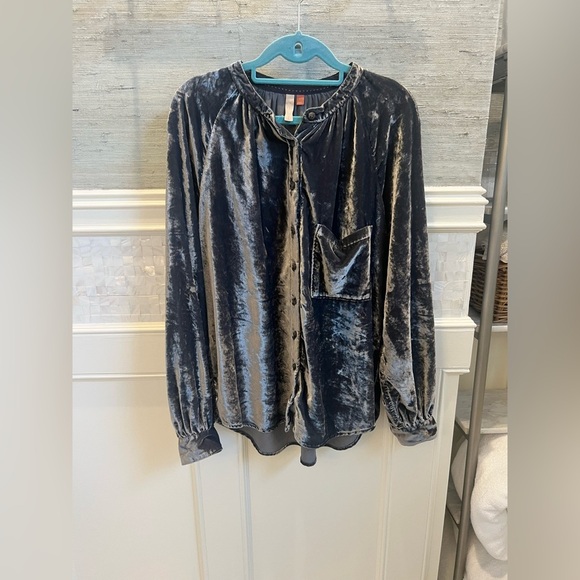 Large Anthropologie pilcro velvet femme button down collarless shirt grey gray - Picture 6 of 15